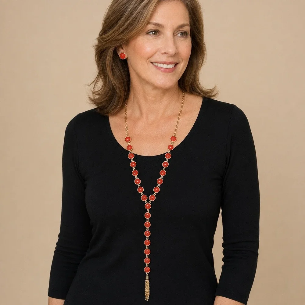 Retired Charming Charlie Necklace Earring Set Orange Gold Lariat Tassel Boho